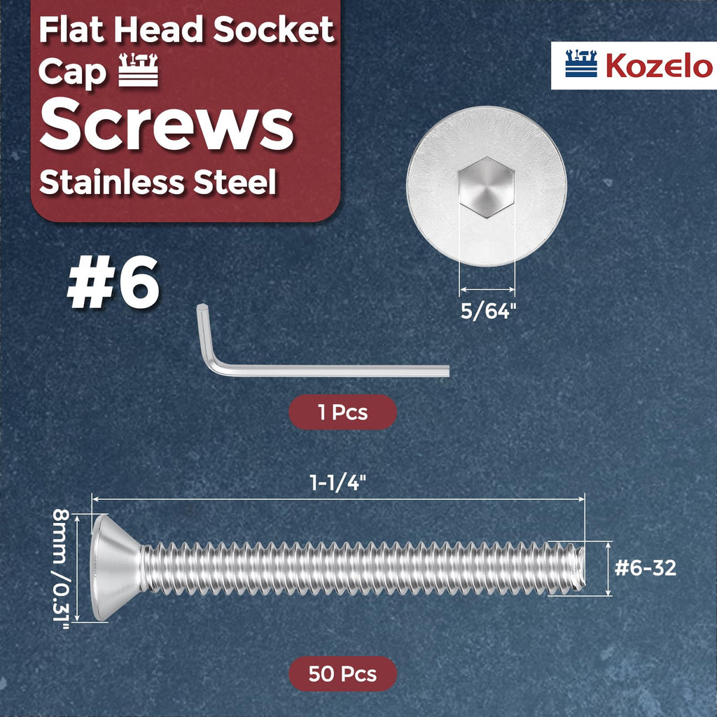 Kozelo 50Pcs #6-32x1-1/4 Flat Head Socket Cap Screw Countersunk Bolt