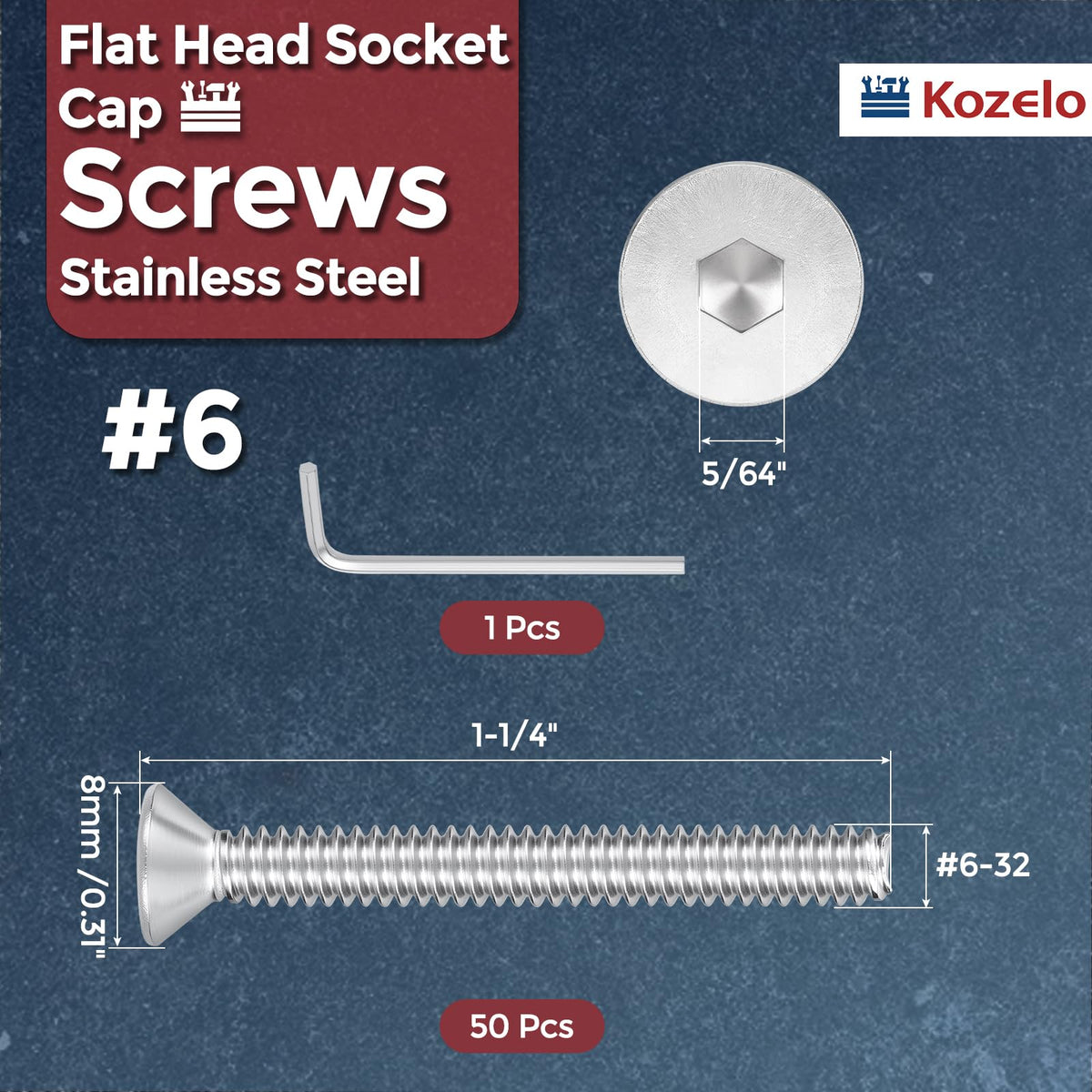 Kozelo 50Pcs #6-32x1-1/4 Flat Head Socket Cap Screw Countersunk Bolt