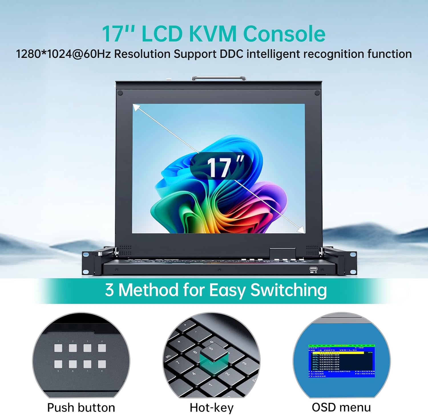 17'' Rack Mount KVM Switch VGA 8 Port, Rackmount Monitor KVM Fit 1U 19'' Rack, 600-800mm(23.6~31.8'') Depth