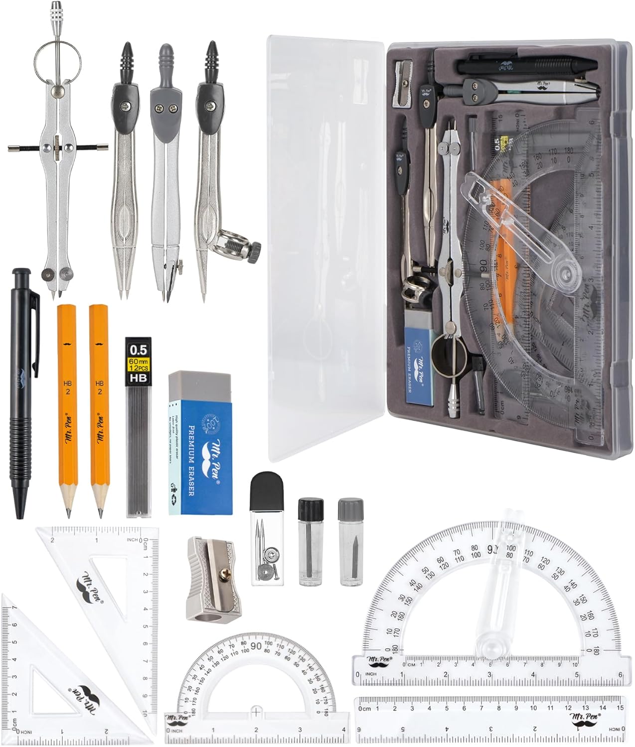 Geometry Set, 15 Piece Set with 6 Inch Swing Arm Protractor | IncludesMetal Divider, Set Squares, Ruler, Compasses