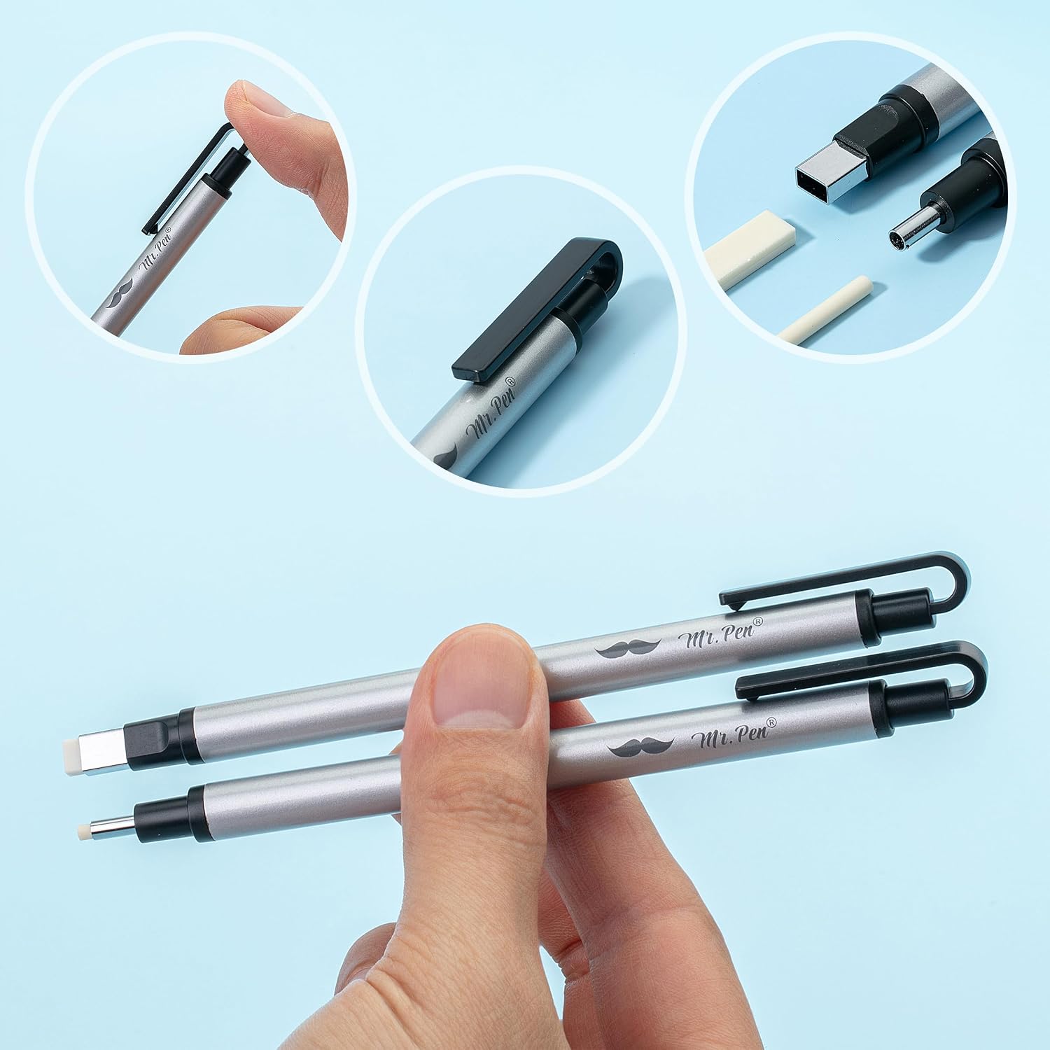 Pen Style Eraser Set, 2 Pack, Square & Round Tip | Precision Pencil Erasers, Retractable Silver Eraser Pens for