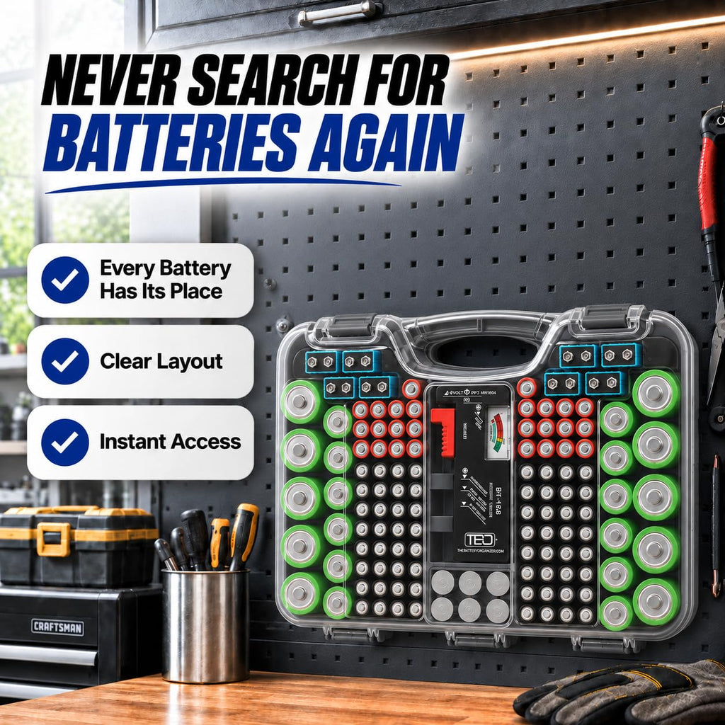 The Battery Organizer, Battery Storage Organizer Hinged Clear Cover with Locking Lid, Holds 180 Batteries, Includes a