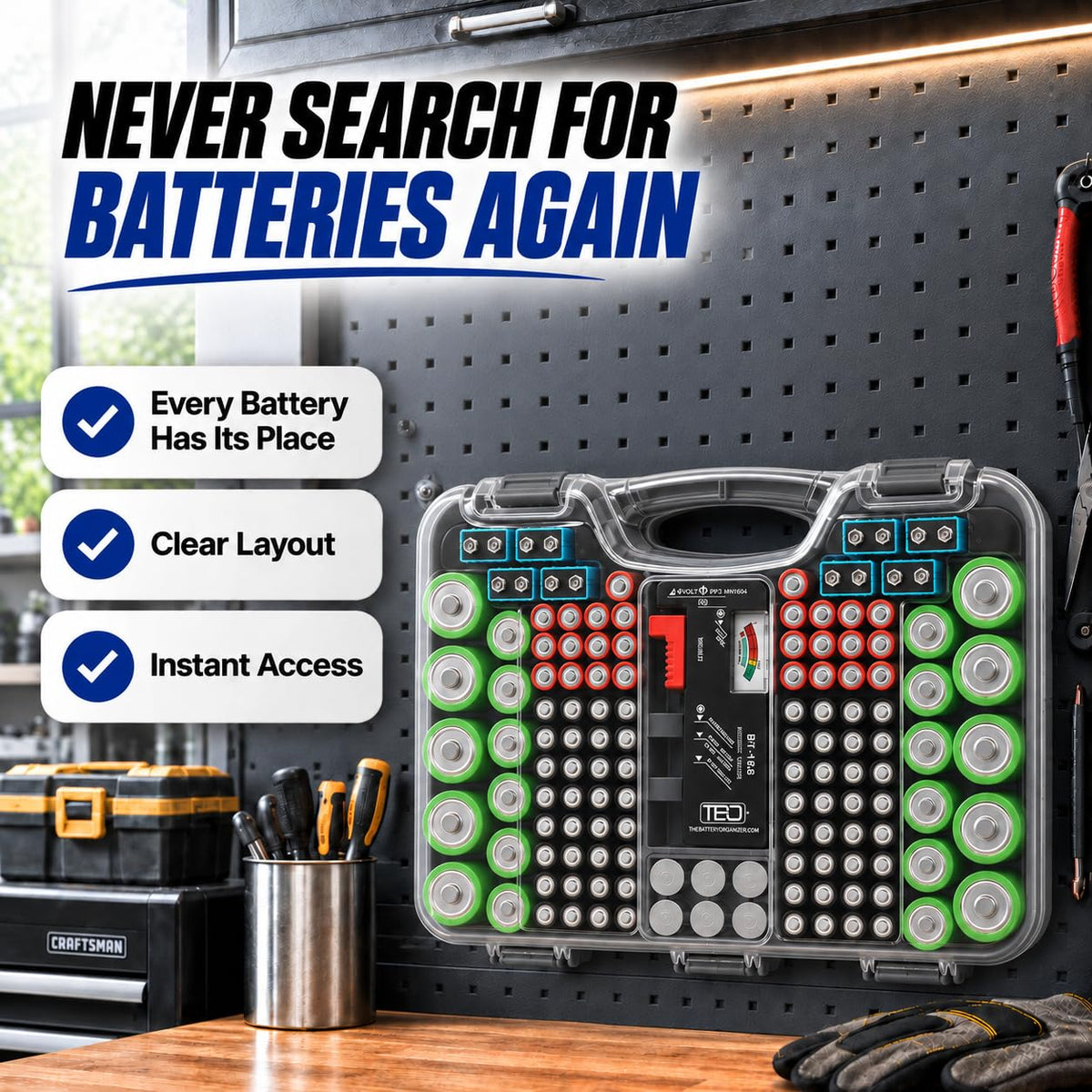 The Battery Organizer, Battery Storage Organizer Hinged Clear Cover with Locking Lid, Holds 180 Batteries, Includes a