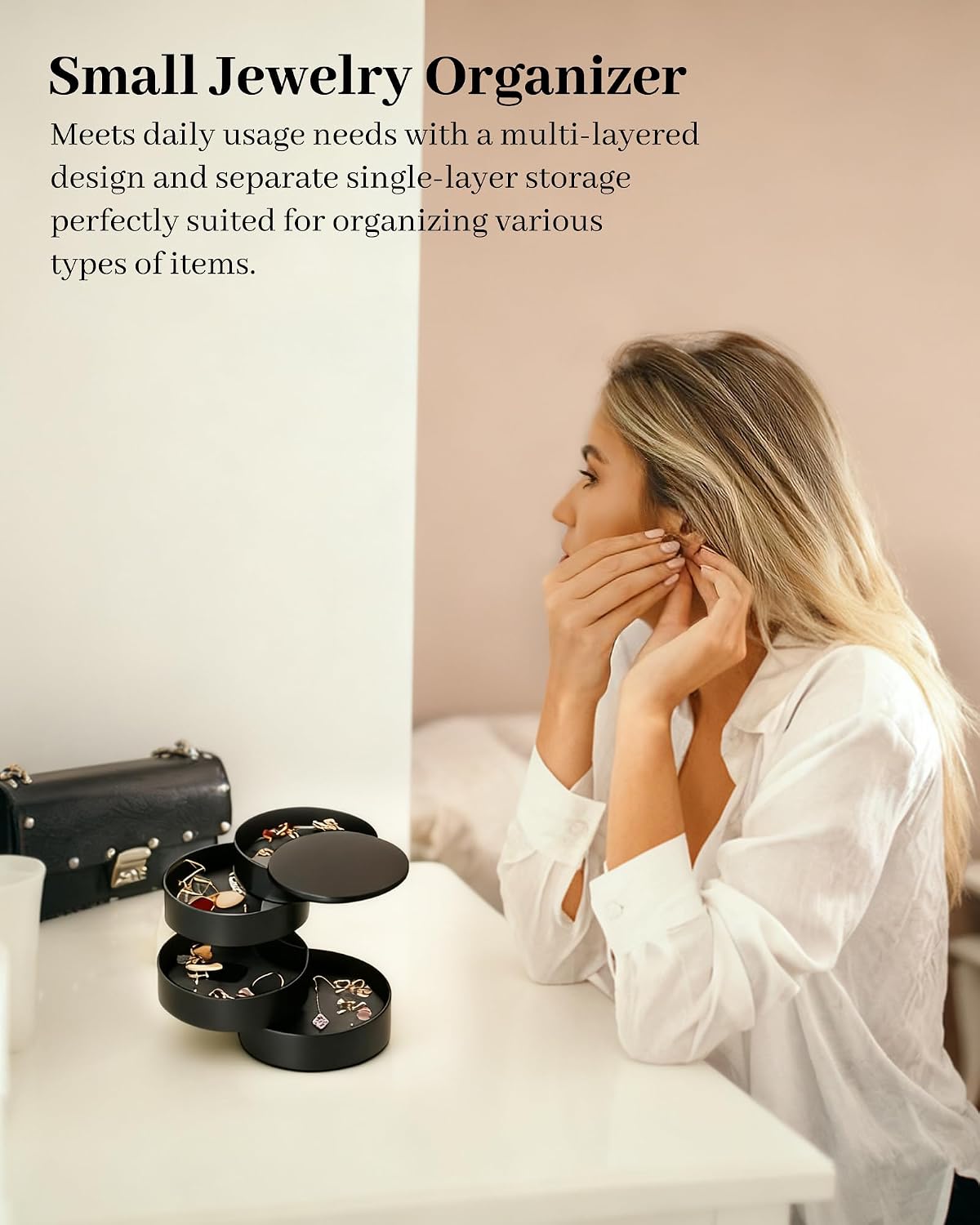 Jewelry Organizer, Small Jewelry Storage Box Earring Holder for Women, 5-Layer Rotating Travel Jewelry Tray Case with