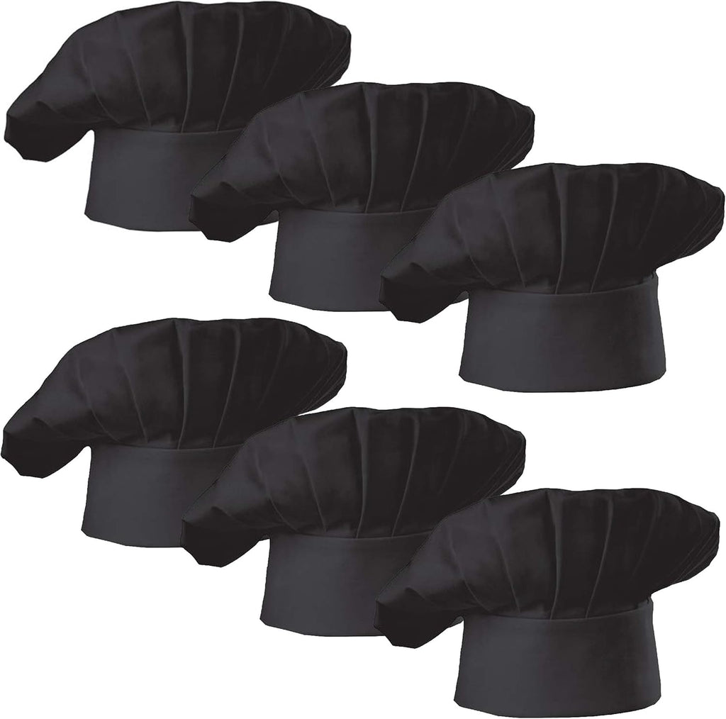 Chef Hat Set of 6 PCS Pack Adult Adjustable Elastic Baker Kitchen Cooking Chef Cap (Black)