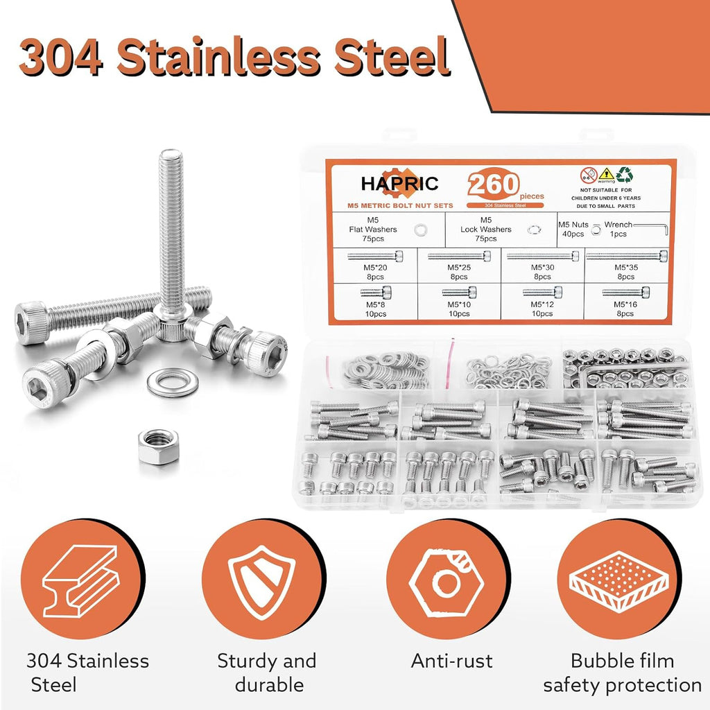 Hapric 260 Pcs M5 Screw Assortment Kit, M5x 8-35MM Bolts Kits