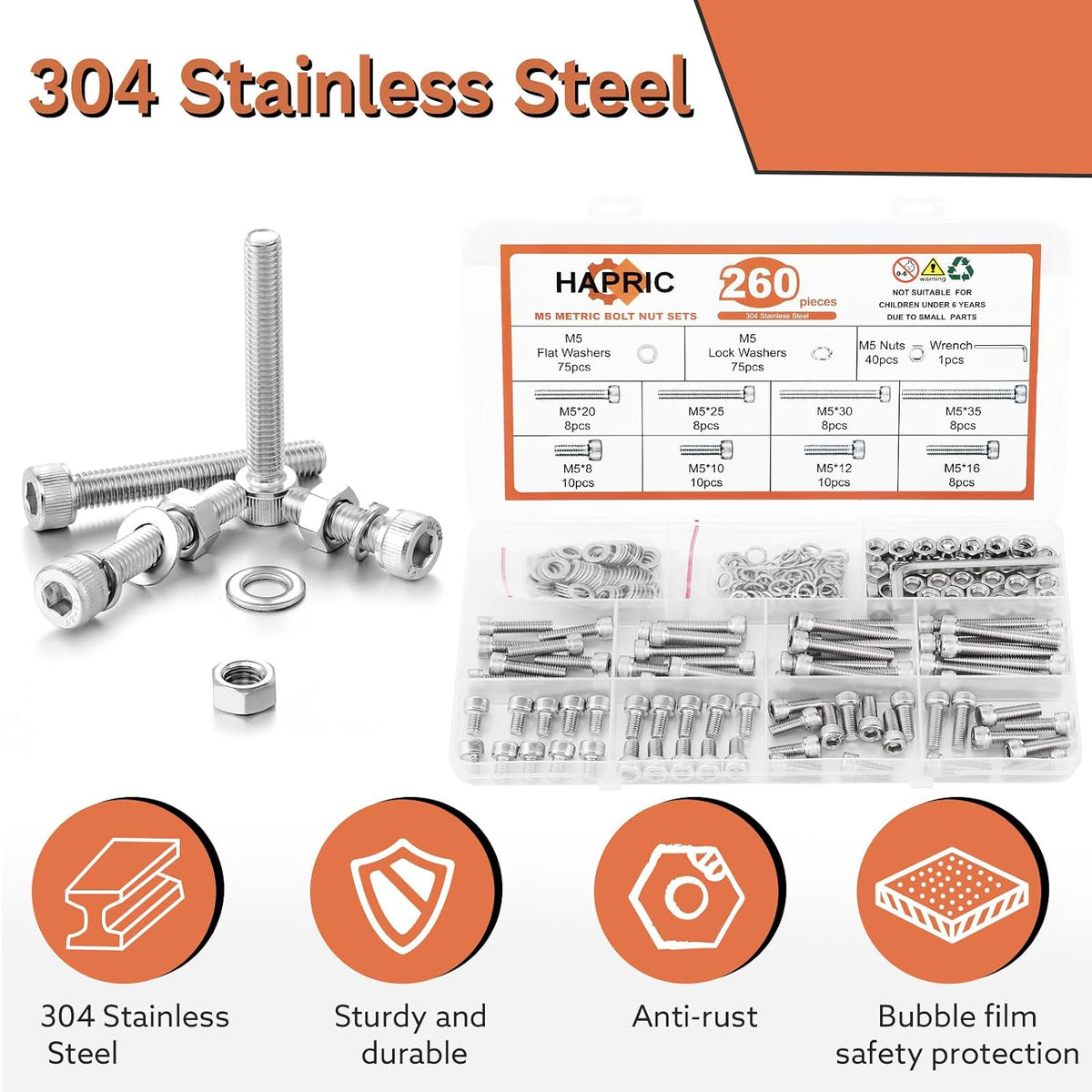Hapric 260 Pcs M5 Screw Assortment Kit, M5x 8-35MM Bolts Kits