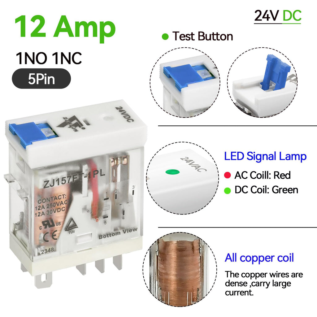 UL Listed 12A Electromagnetic Power Relay Din Rail Socket 5Pin 24 DC 6Pcs