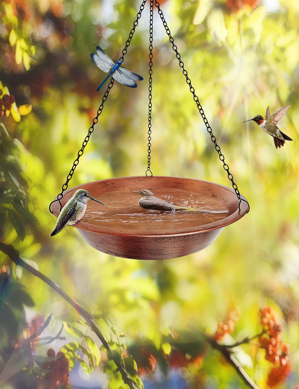 Hanging Bird Bath & Feeder, 11.5 Inch Antique Copper Metal Birdbath Bowl