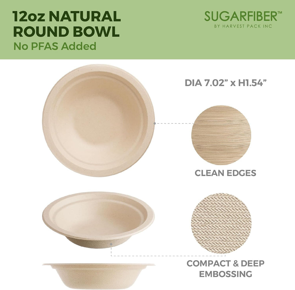 12oz Compostable Paper Bowls Disposable Round Natural Cereal Bowl, 50 Count