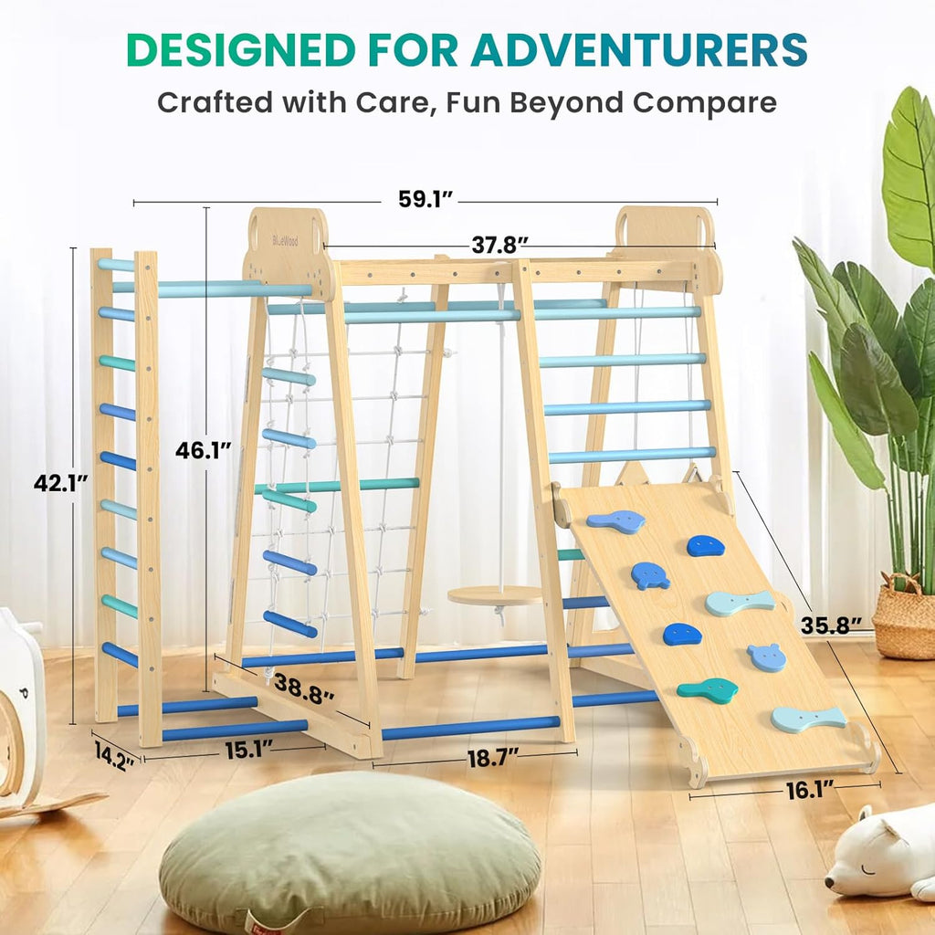 Upgraded Indoor Jungle Gym 9-in-1 Playground Kids Climbing Toys, Waldorf Style Wooden Climber Playset with Slide