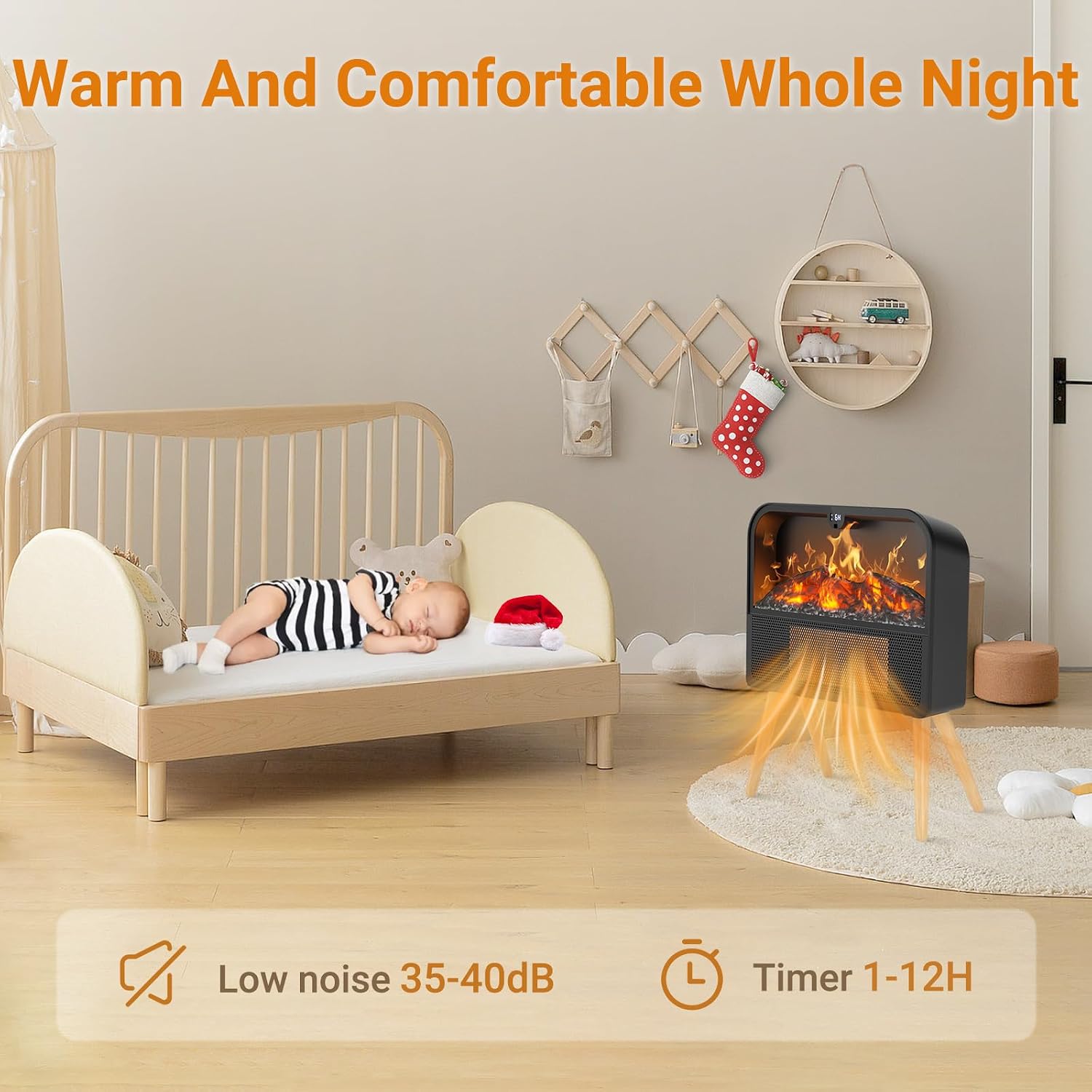Electric Fireplace Heater, Ultra-Thin Electric Fireplace Stove with Realistic Flame & Solid Wood Stand, 17" Portable