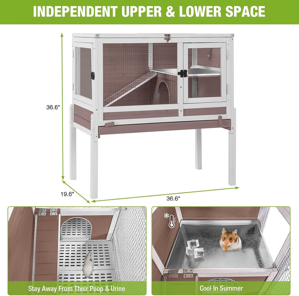 Wooden Guinea Pig Cages Indoor,Two-Story Wooden Rabbit Cage Hutch with Removable Stand and Pull Out Tray, Small