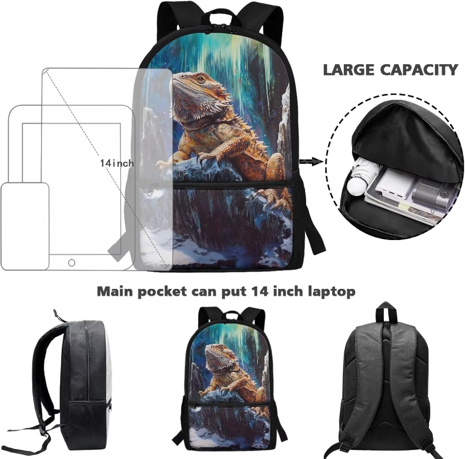 Bearded Dragon Backpack Kids School Bag Pack 17 Inch Large Backpack for School Girls Animals Print Bookbag