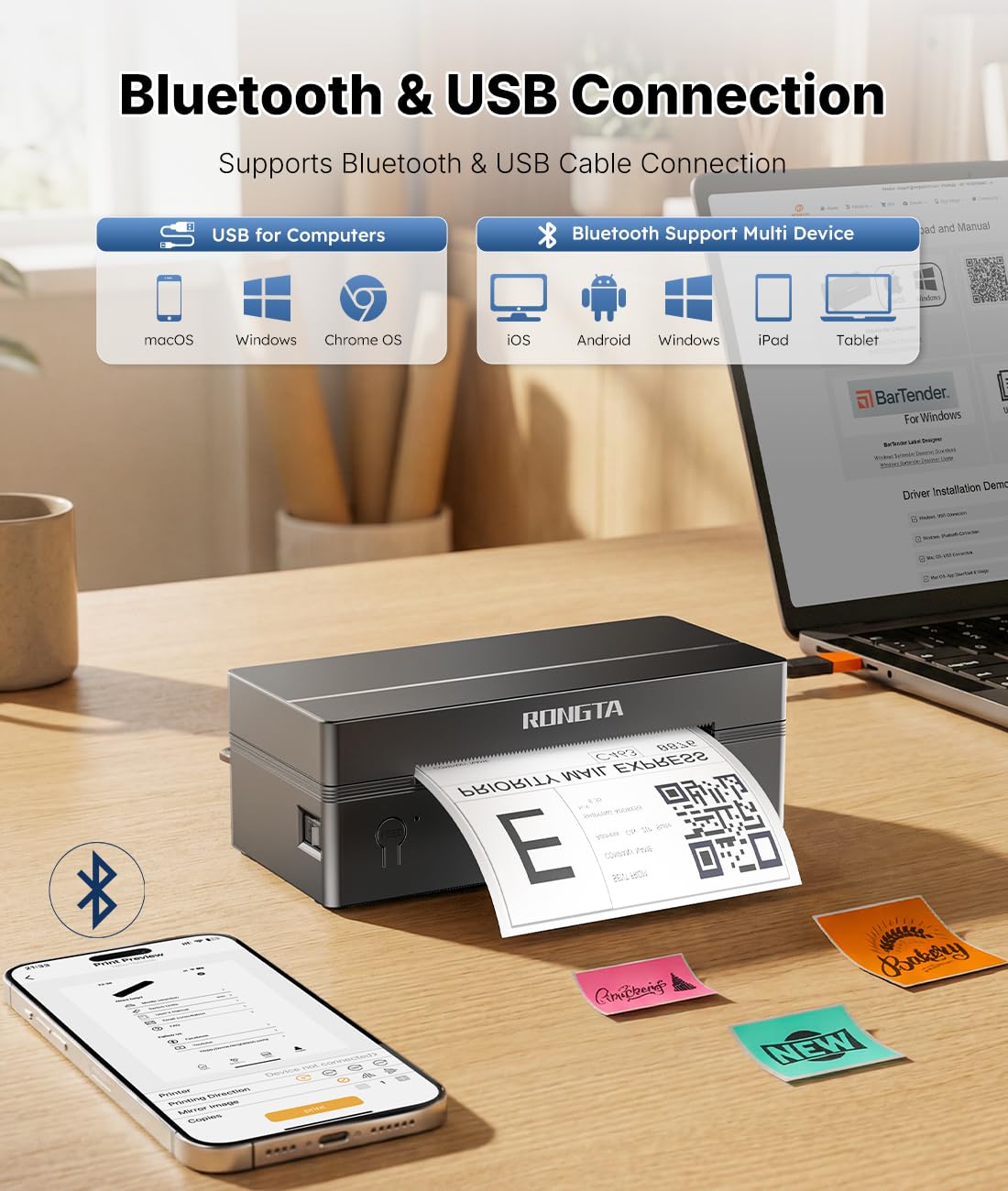 Bluetooth Thermal Shipping Label Printer, Wireless 4x6 Label Printer for Shipping Packages&Small Business, Compatible