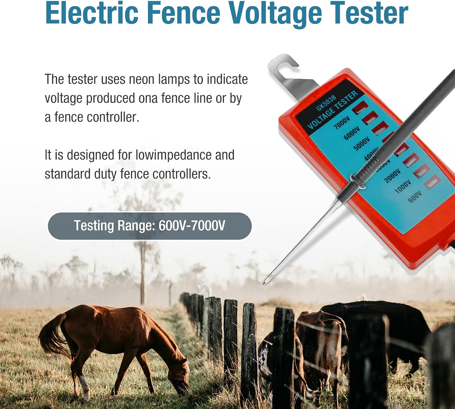 ALLOSUN GK503B NEON Electric Fence Voltage Tester and Fault Finder Max 7 kV, NOT LED, Red