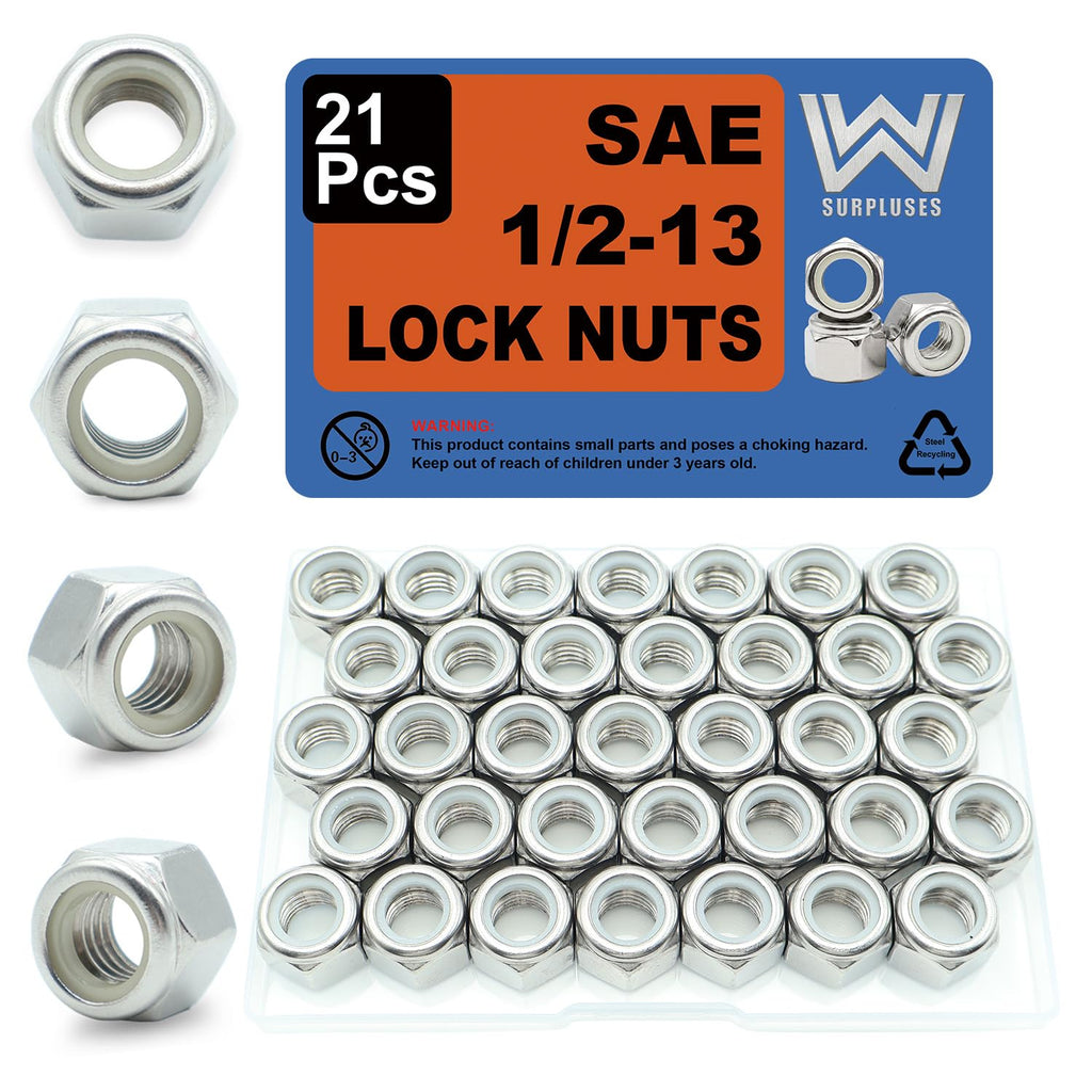 1/2-13 Nylon Insert Lock Nuts 21 Pack, 304 Stainless Steel Hardware Nuts