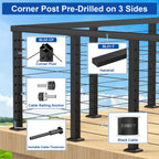 2Pack 36" Black Cable Railing Corner Post, 3-Side Drilled Corner Post