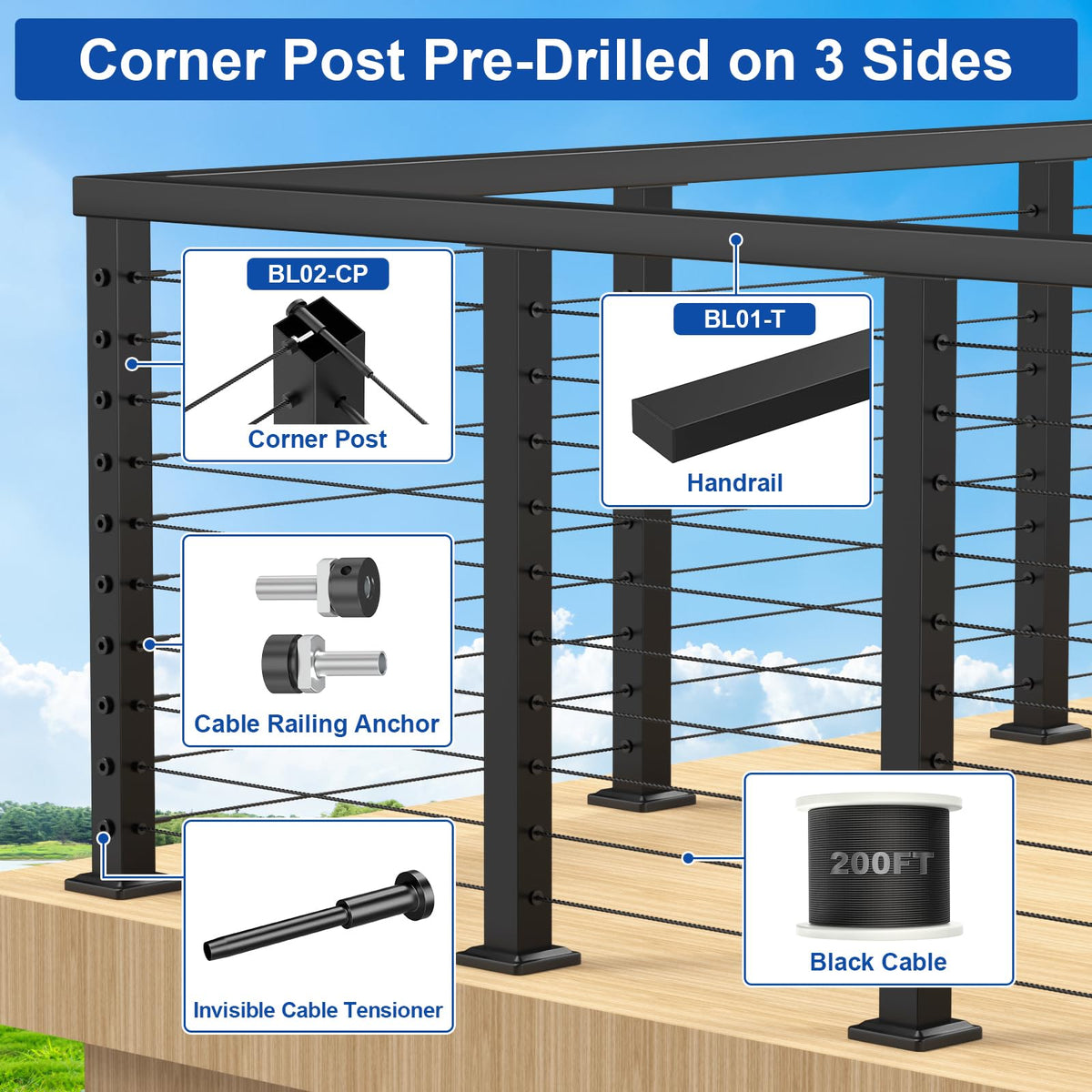 2Pack 36" Black Cable Railing Corner Post, 3-Side Drilled Corner Post