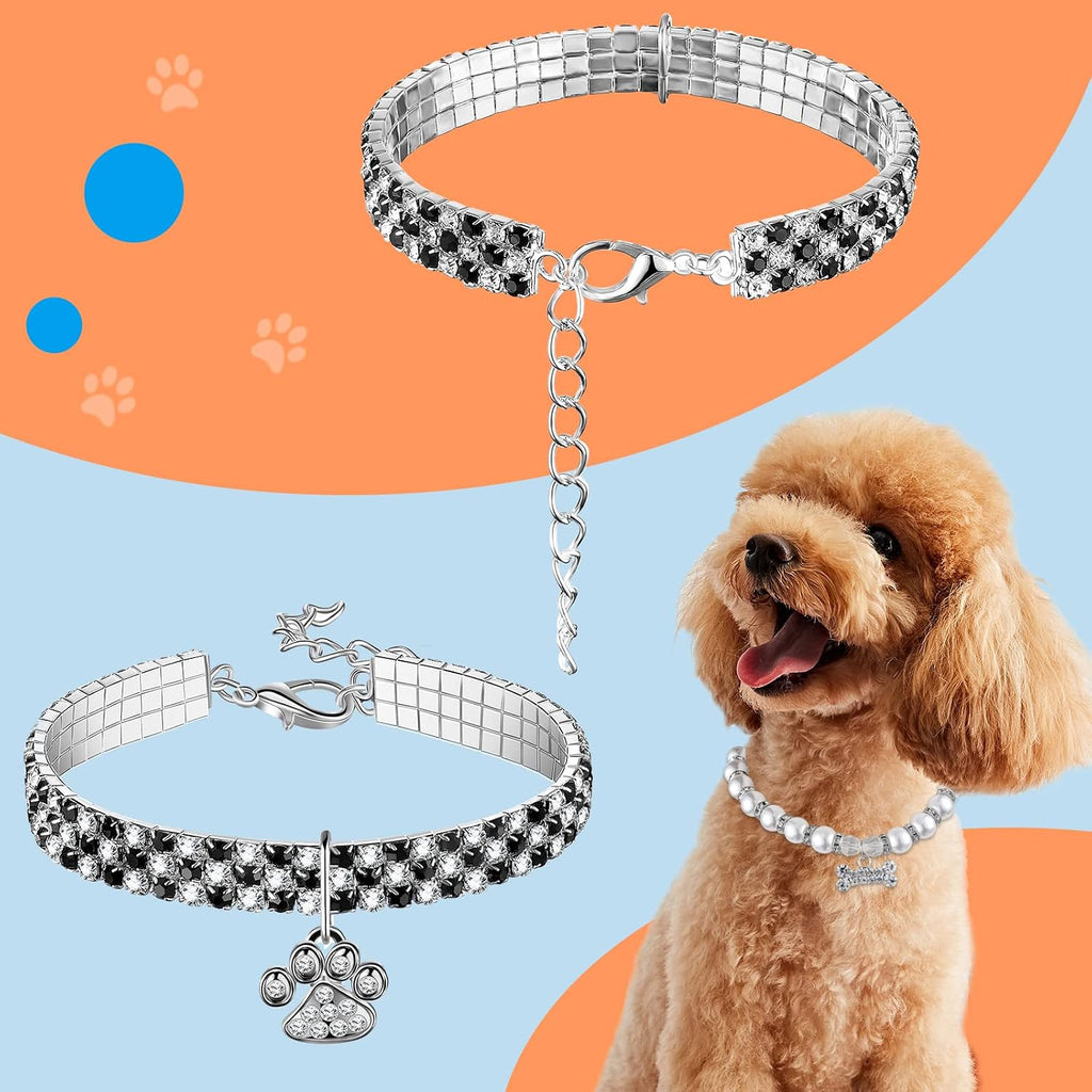 4 Pcs Pearl Dog Collar, Adjustable Rhinestone, Small, Paw Style