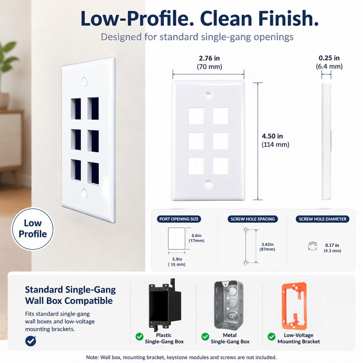 6-Port Keystone Wall Plate, Low-Profile Single Gang, White, 2 Pack
