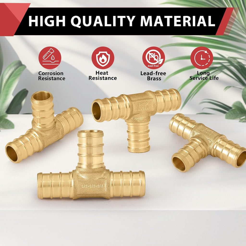 8PC EFIELD Pex 1/2"Tee Brass Crimp Fitting For Pex Tubing/Pipe Connection | PEX Tee,LF Brass,ASTM F1807-PEX1807068(8)