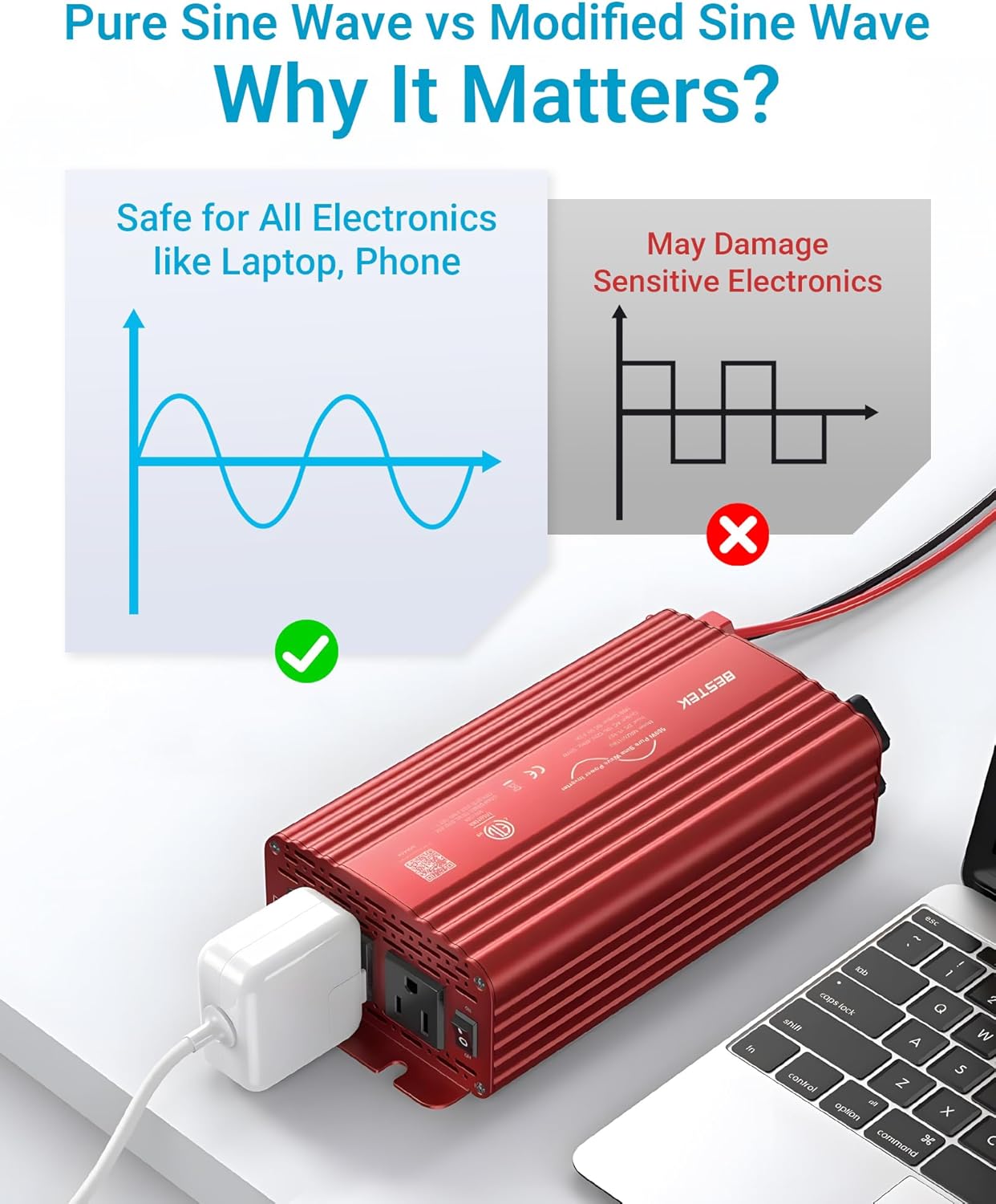 500W Pure Sine Wave Power Inverter DC 12V to AC(2 Outlets) 110V Car Charger Plug Inverter Adapter Converter with 4.2A