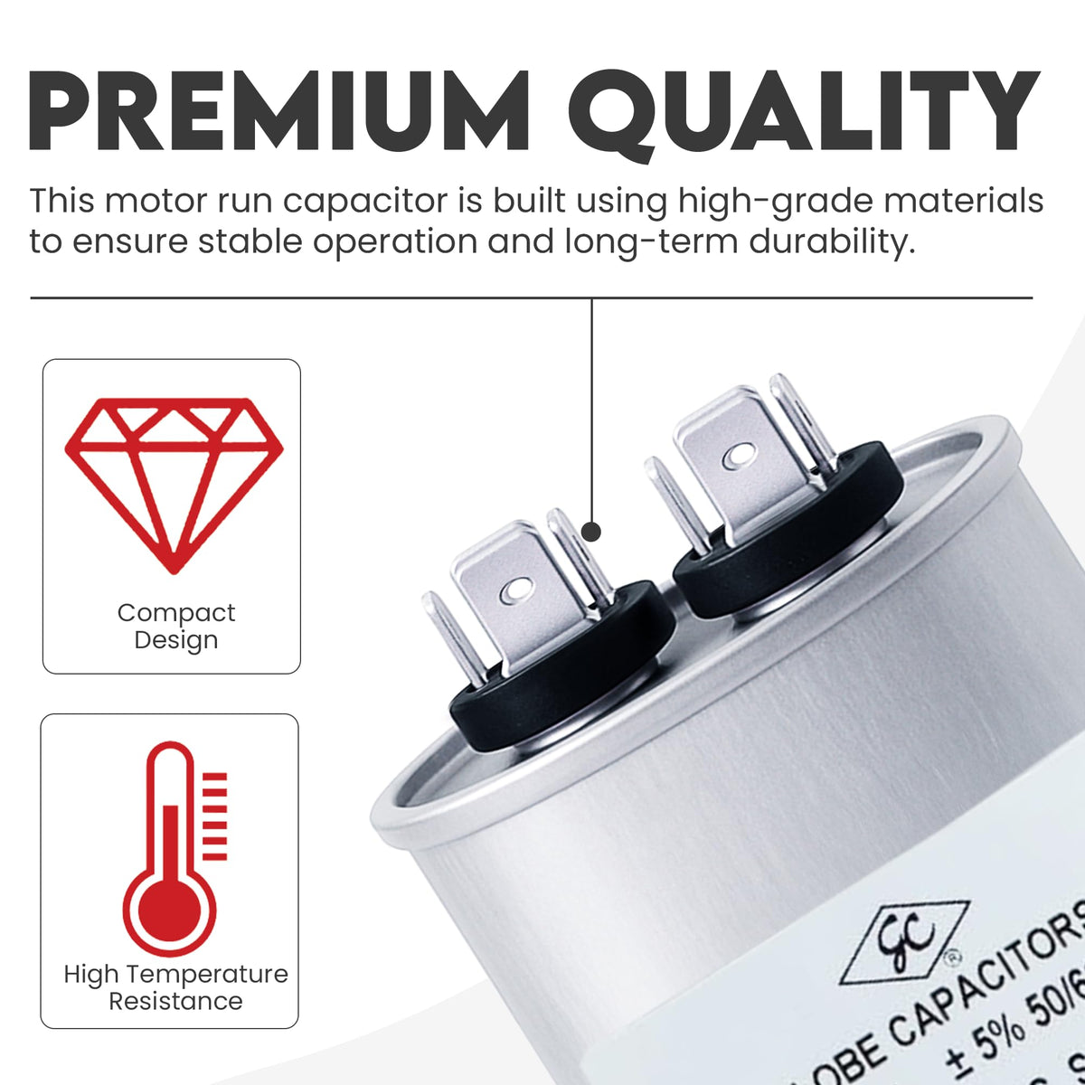Globe Capacitor, Oval Run Start, 15MFD CBB65 Single Element, 370V/440V