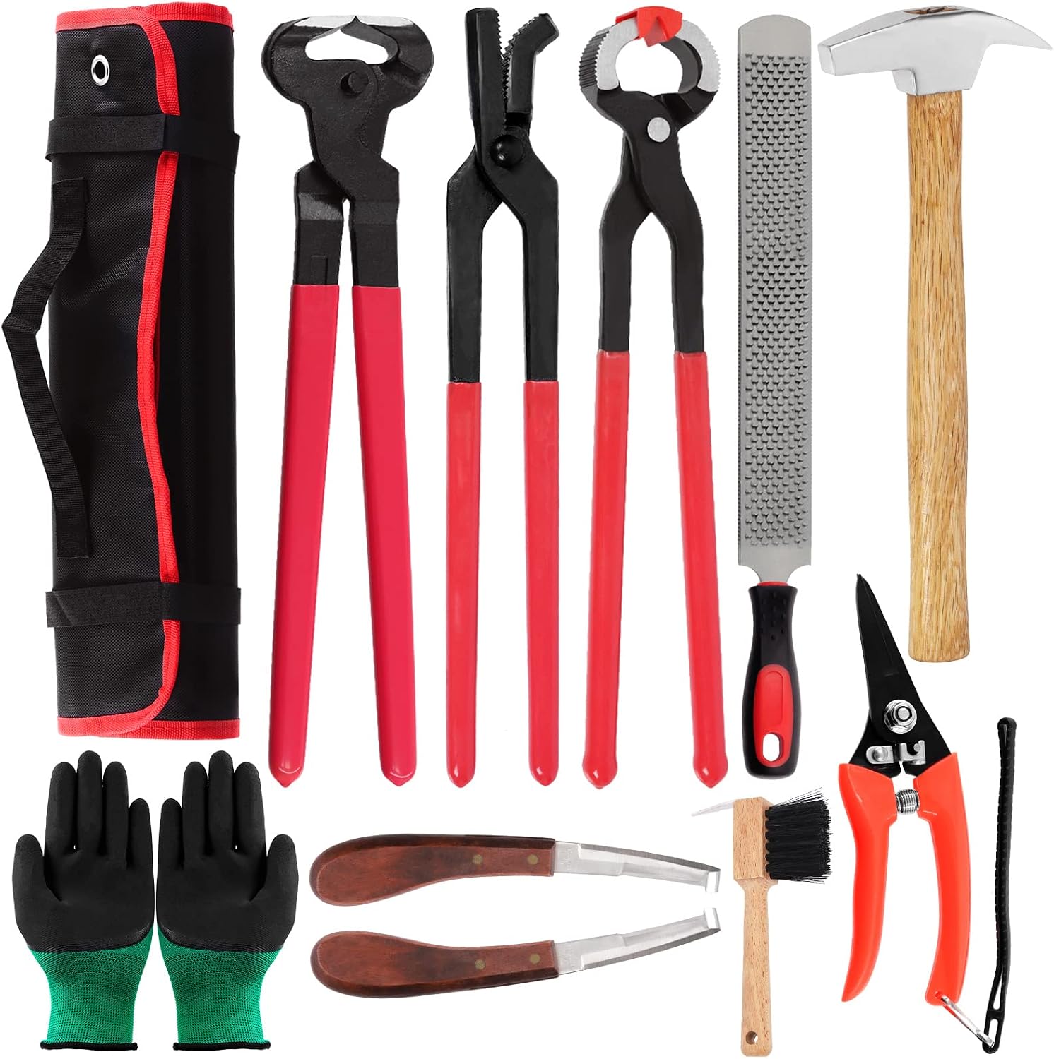 12Pcs Professional Farrier Tools with Roll Pack, Horses Hoof Trimmers Shears, Farrier Rasp File, Hoof Nipper