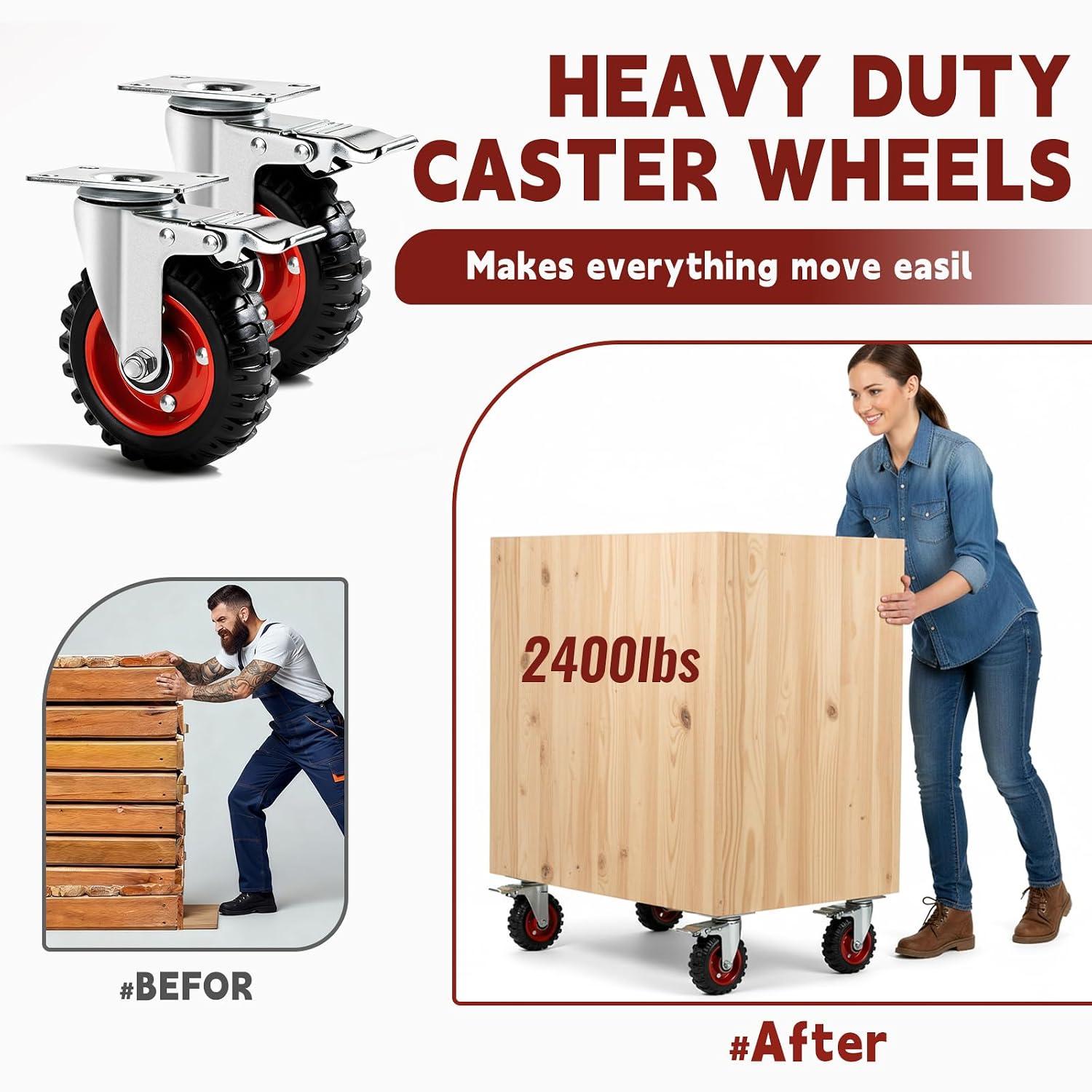 5 Inch Caster Wheels Heavy Duty, Casters Set of 4 Safety Dual Locking Rubber Wheels, Heavy Duty - 2400 Lbs Capacity