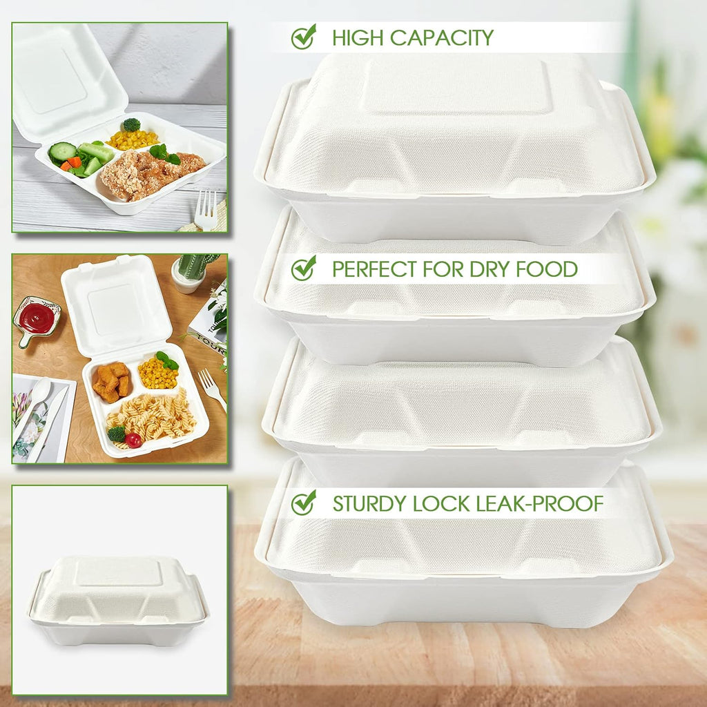 300 Pack Compostable Takeout Food Containers, 8x8 inch, 3 Compartment