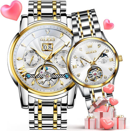 Couple Pair Watches Set Automatic Mechanical Self Winding Dress Matching Watch for His and Hers Valentines Day Gifts