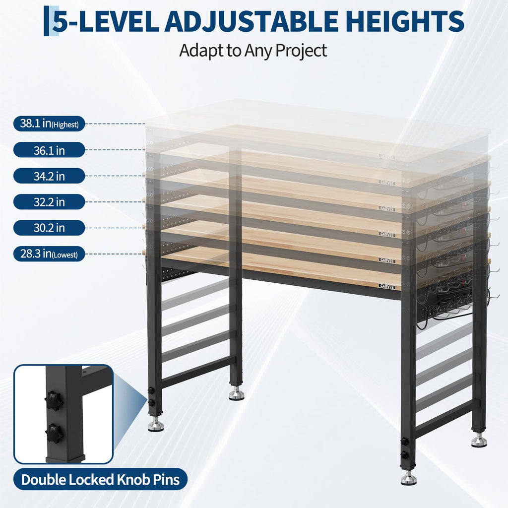 48 x 24 Inch Workbench, 6-Level Adjustable Height, 2000 lb Load Capacity, with Solid Rubberwood Top, ETL Power