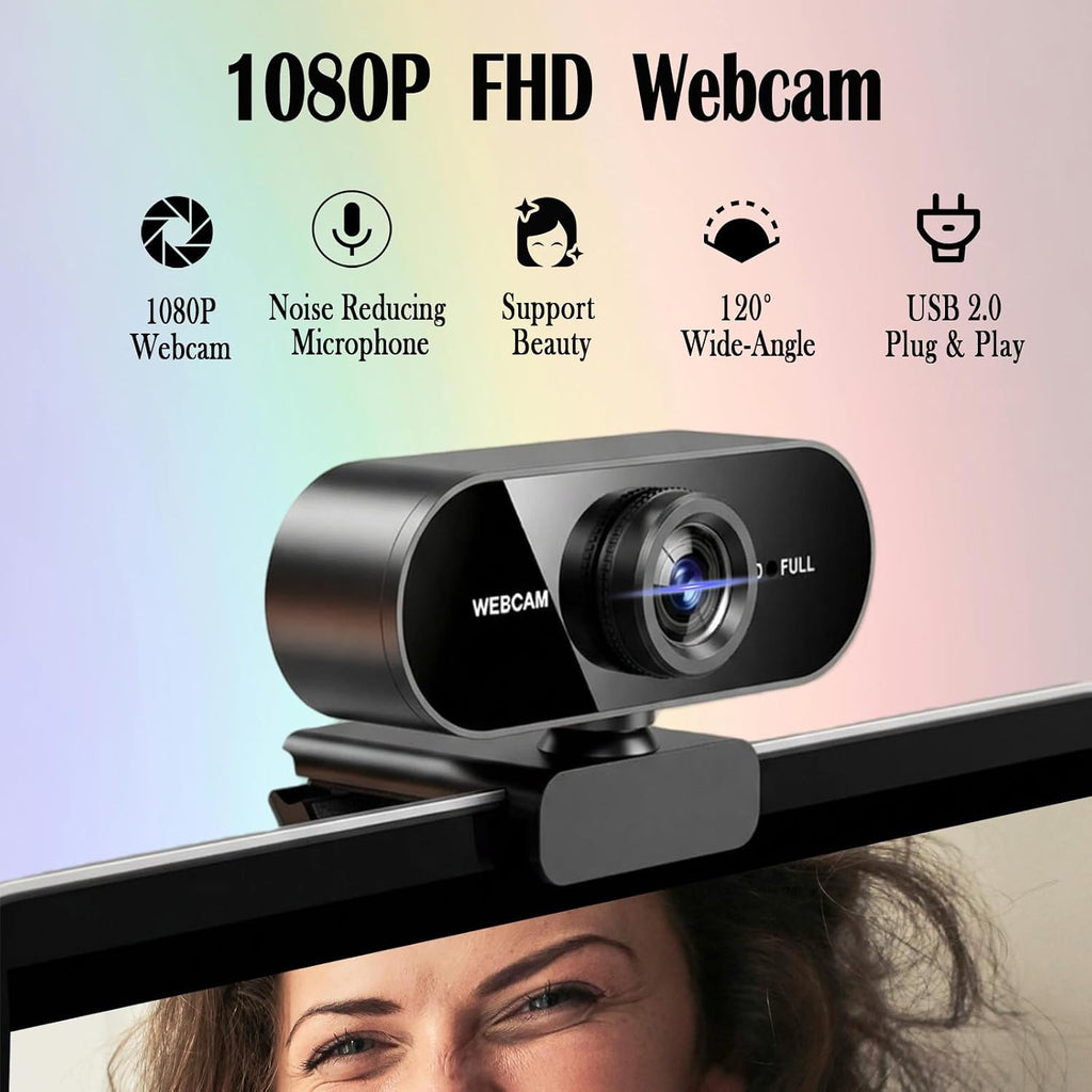 1080P Webcam for PC/Laptop, USB Webcam with Microphone, Noise Cancellation, Support Beauty, Plug & Play with Auto