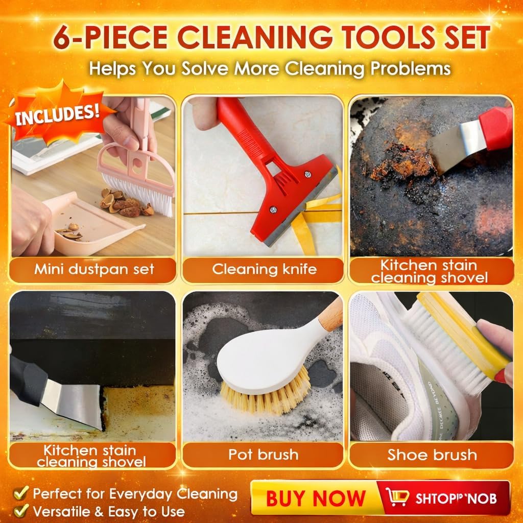 Broom and Dustpan Set with Long Handle, Upright Standing Self-Cleaning Combo, Windproof Dustpan with 6 Bonus Cleaning
