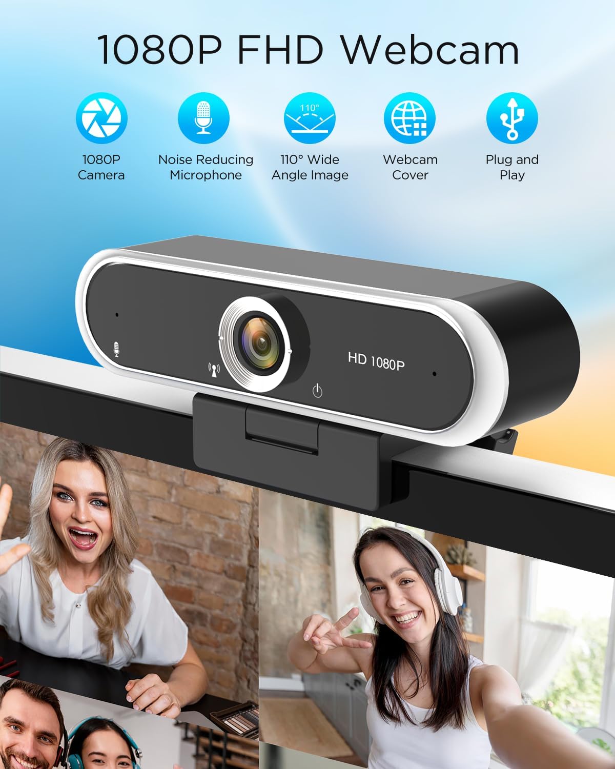 Webcam 1080P with Microphone & Privacy Cover for PC/Laptop, USB Computer Camera Plug & Play with Auto Light