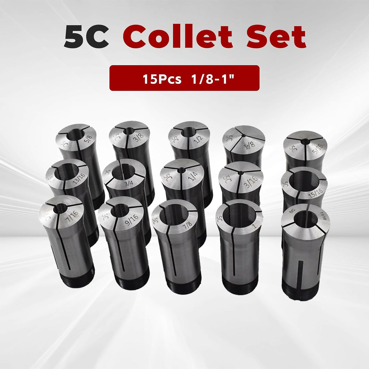 findmall 15Pcs 5C Collet Set, 1/8-1" Mill Collet Holder