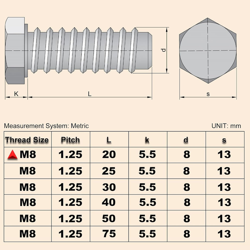 25Pcs M8 Hex Bolts M8x20mm Hex Head Bolt 304 Stainless Steel
