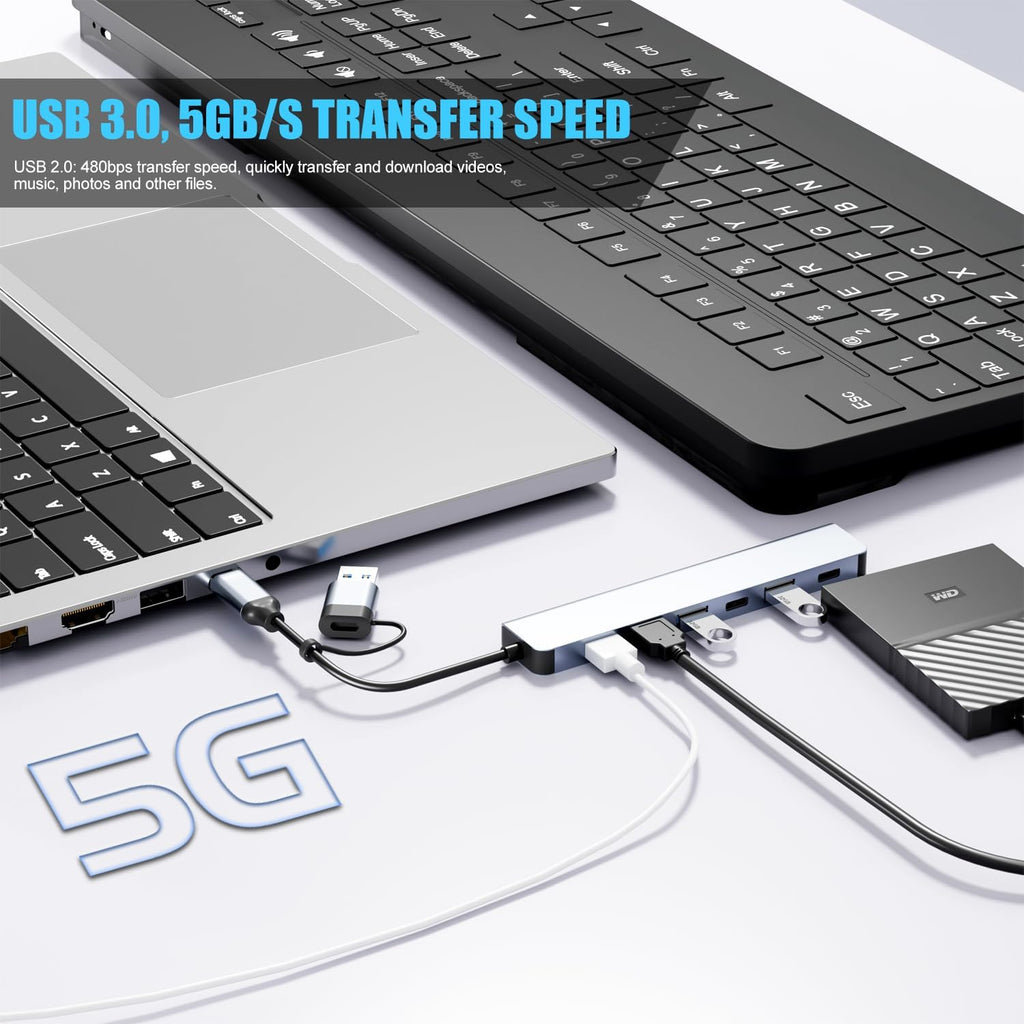 【Upgrade】 USB C/USB Hub, BERLAT Aluminum 7 in 1 USB C & USB Hub with USB 3.0, USB 2.0 Ports for PC/Laptops/MacBook