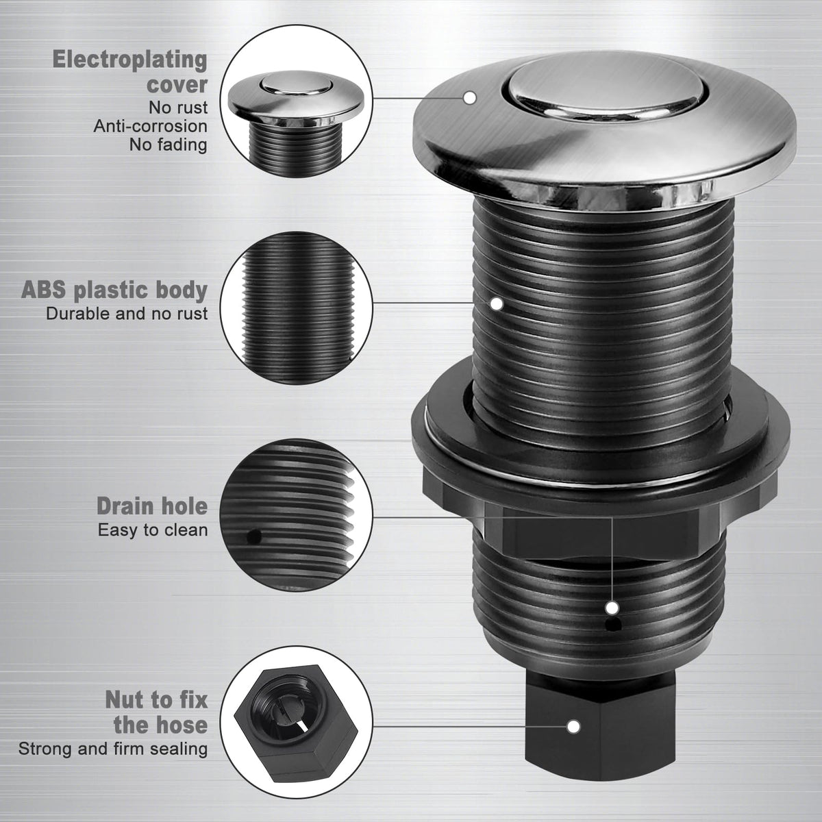 AKEYSRC Garbage Disposal Air Switch Kit, Garbage Disposal Button, Sink Top Waste Disposer On/Off Switch, UL Listed Air Switch Compatible with All Garbage Disposals (Brushed Stainless Steel）