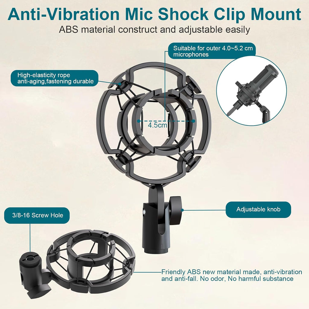 Desktop Microphone Stand,Adjustable Height Mic Stand with Pop Filter Shock Mount Mic Clip 3/8" to 5/8"