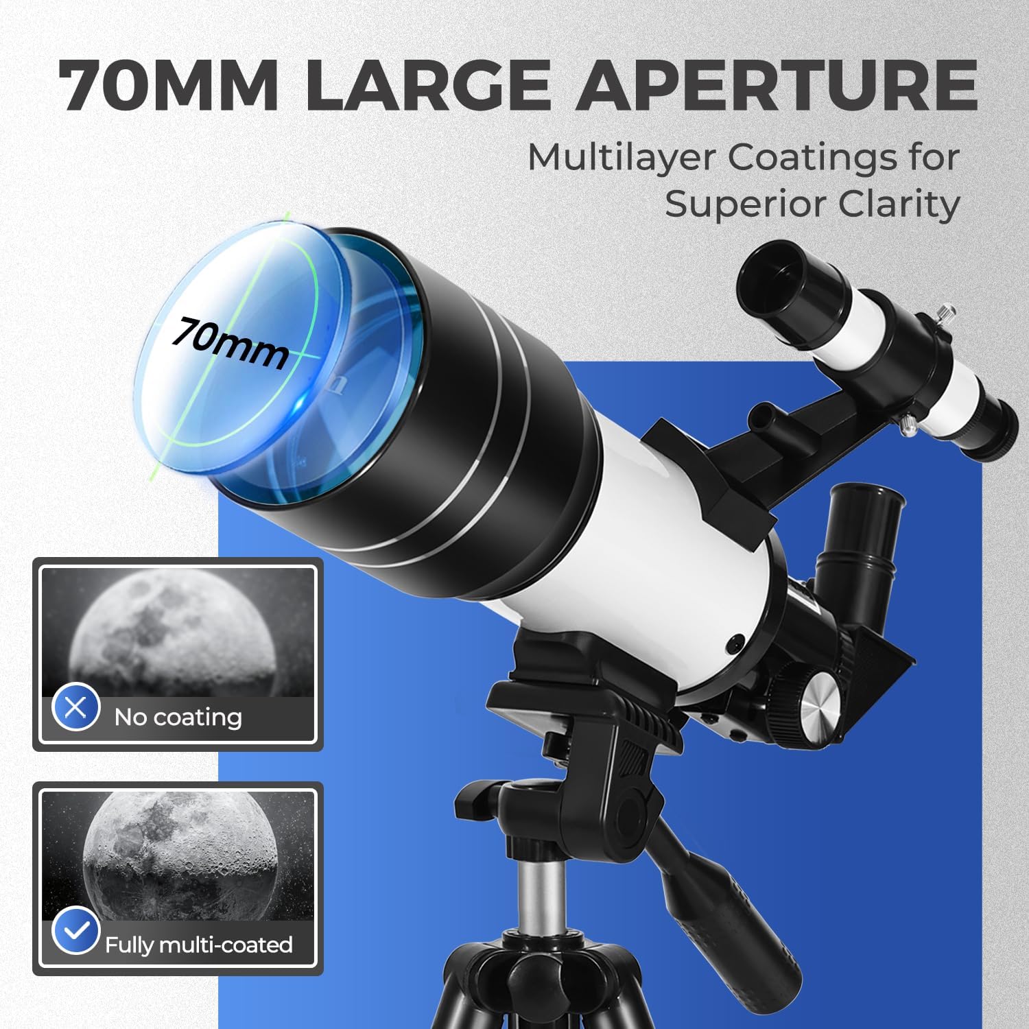 Telescope for Kids & Beginners, 70mm Aperture Portable Telescopes with 3 Eyepieces, Height Adjustable Tripod & Phone