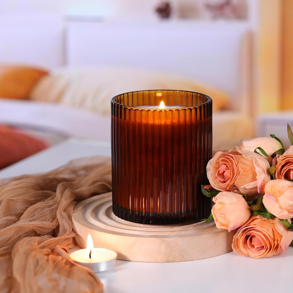 Amber Candle Jars with Lids, 8-Pack 12oz Ribbed Glass Candle Containers | Versatile decorative holder set, ideal for