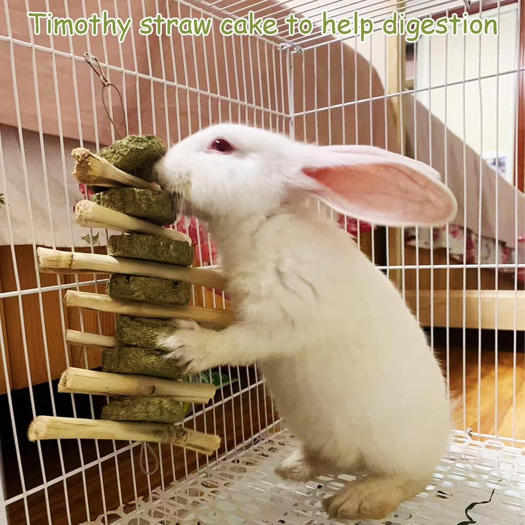 2 PCS Bunny Chew Toys for Teeth Natural Rabbit Toys Hanging Sweet Bamboo Chews with Grass Cake Guinea Pig Toys Snack