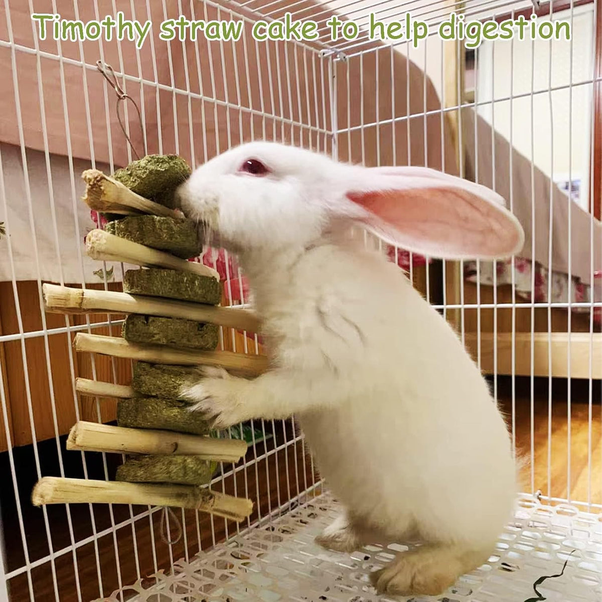 2 PCS Bunny Chew Toys for Teeth Natural Rabbit Toys Hanging Sweet Bamboo Chews with Grass Cake Guinea Pig Toys Snack