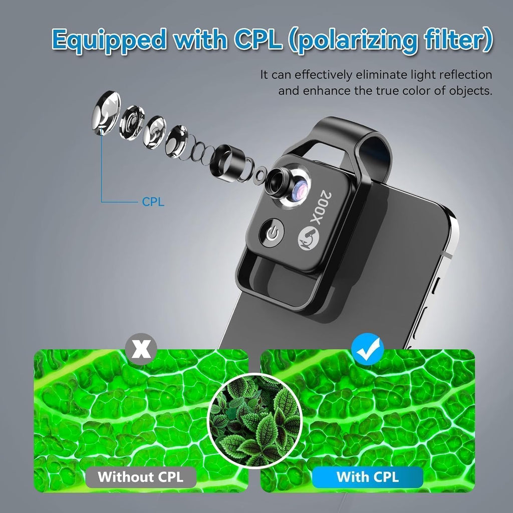 200X Phone Microscope Lens, Nano Zoom Phone Micro Lens for iPhone Android with LED Light CPL Universal Clip, Nanozoom