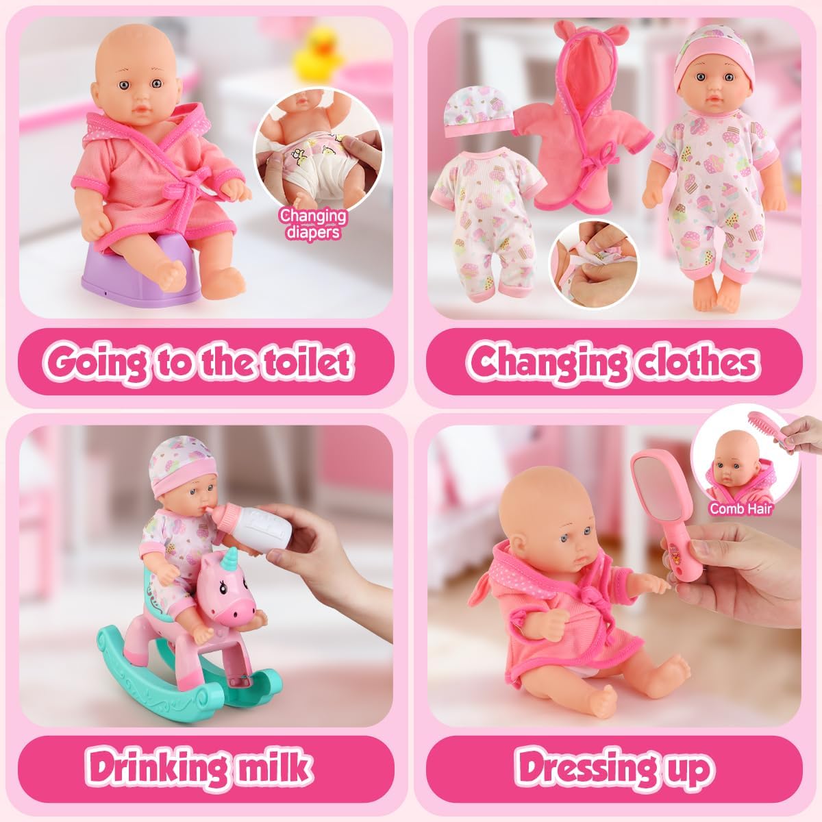 Baby Doll Bath Toys Set with Bathtub, 11" Baby Dolls, Rocking Chair,Swimming Ring, 2 Sets Baby Dolls Clothes and 15