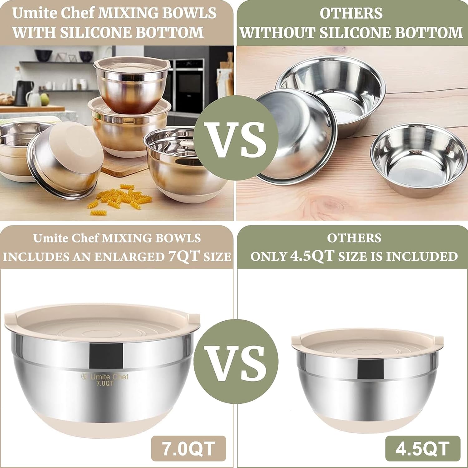 Mixing Bowls with Airtight Lids, 6 piece Stainless Steel Metal Nesting Storage Bowls, Non-Slip Bottoms Size 7, 3.5