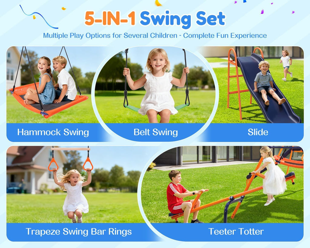 Swing Sets for Backyard Kids 3-12, Outdoor Playground Swingset with Slide&Teeter-Totter,700LBS Heavy Duty Swing Set