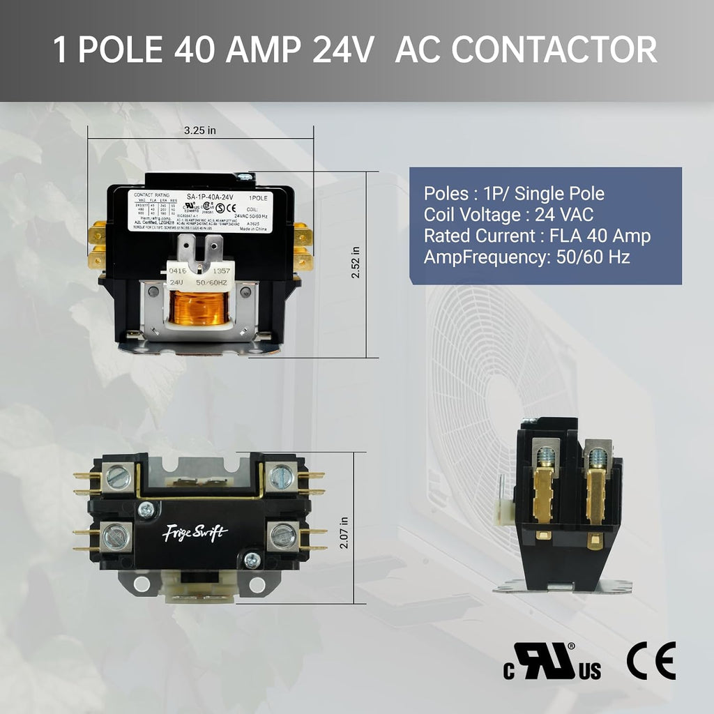 1P 40A 24V AC Contactor, 50/60Hz, Suitable for Compressors/Air Conditioning